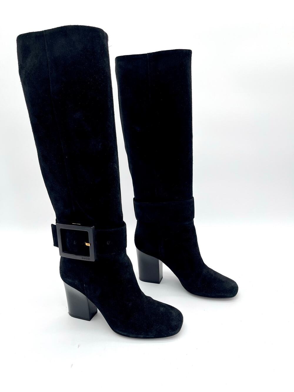 Gucci Kesha Black Suede Logo Buckle Knee High Block Heel Riding Boots IT 36
